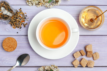 Cup of tea with sugar cubes and flower branches on wooden table close up