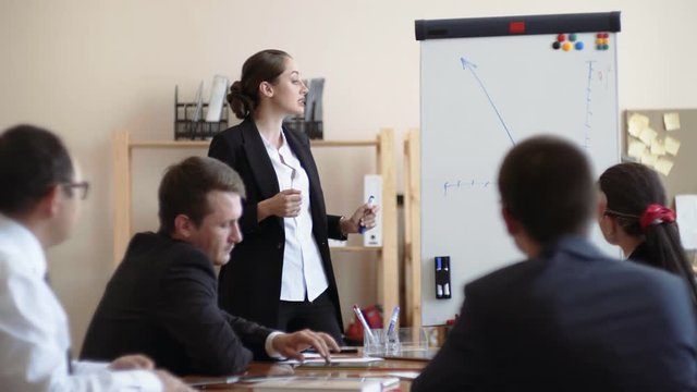 Businesswoman shows on whiteboard employees charts the success of the enterprise