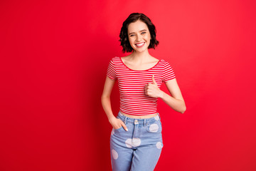 Photo of girl thumbing up in order to advise you some goods being recommended to buy while isolated...