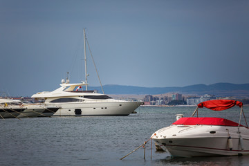Fototapeta premium Boats are parked in the harbor. Summer seascape. Travel and Vacation Concept.