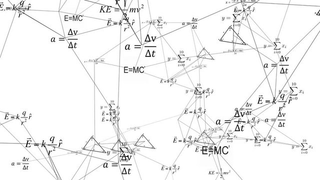 Mathematical background with flying symbols, functions and equations. Animation of typing formulas in abstract digital space.