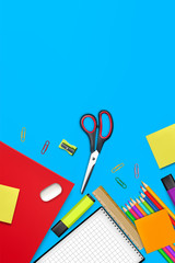 Back to school card supplies Vector realistic. Crayons, ruler, notes detailed 3d illustrations