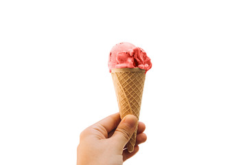 Girl holds ice cream in her hand in a cup isolated on white background.