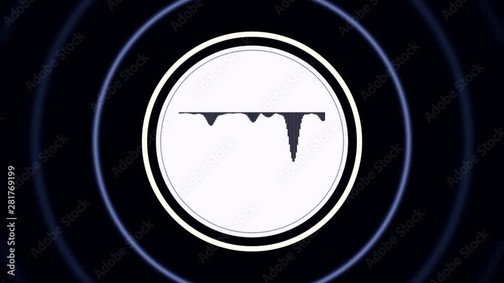 Poster abstract white circle with black horizontal sound signal and white pulsating circle frames on black 
