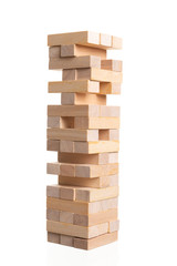 Close up blocks wood game on white background.