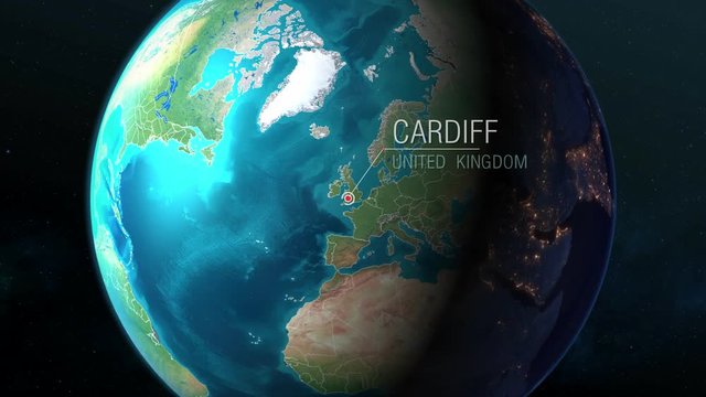 United Kingdom - Cardiff - Zooming from space to earth