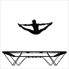 A sportsman in a gym is performing tricks on a trampoline, contour