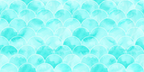 Turquoise sea wave geometric texture. Fish scale seamless pattern. © Oleksandra