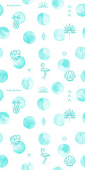 Seamless polka dot pattern with summer geometric elements isolated on white.