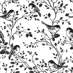 Seamless floral pattern with silhouettes birds and branches with leaves. Vector black and white illustration. Template for swatch. 