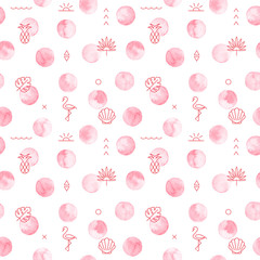 Seamless polka dot pattern with summer geometric elements isolated on white.