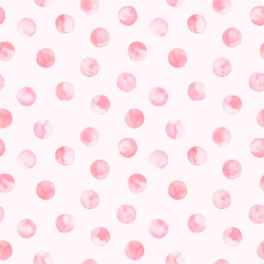 Seamless pink polka dot pattern isolated on pink. Watercolor illustration.