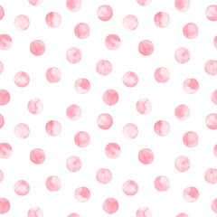 Seamless pink polka dot pattern isolated on white. Watercolor illustration.