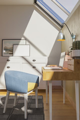 Part of the Room with Study Desk Under the Roof Window in Broad Daylight 3D Rendering