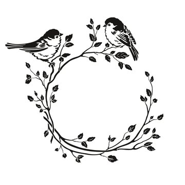Silhouette of wreath with birds sitting on branches. Vector floral illustration on white background in vintage style.