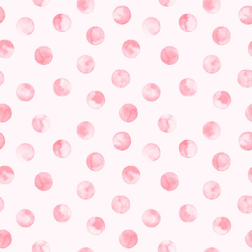 Fototapeta Seamless pink polka dot pattern isolated on pink. Watercolor illustration.