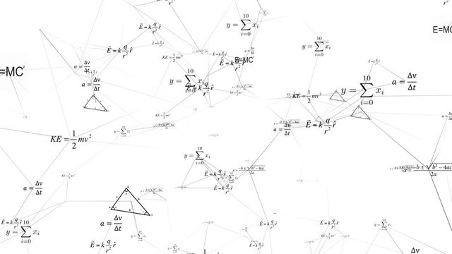 Mathematical and physical formulas floating in 3D space with a cool design. Digital animation of mathematical equations moving in the screen.