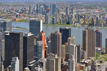 Manhattan's famous skyscrapers and Long Island, densely populated island off East Coast of United States