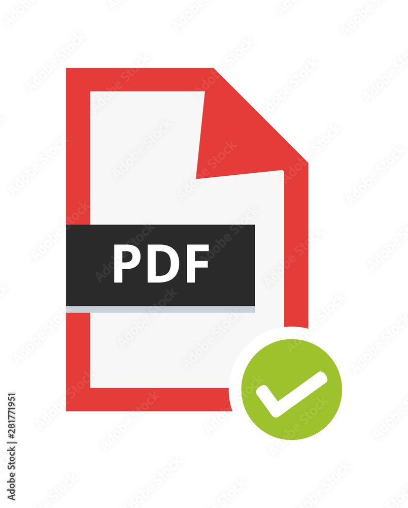 Poster Vector correct approved pdf file. Flat icon with green check sign. Symbol of portable document file for web and print isolated on a white background.