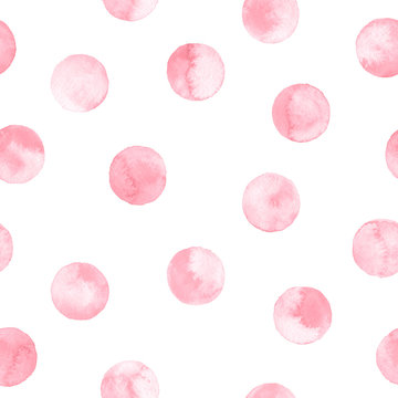 Fototapeta Seamless pink polka dot pattern isolated on white. Watercolor illustration.