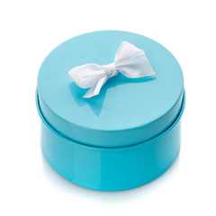 Blue gift box with white bow isolated