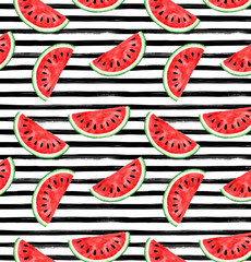 Seamless watercolor watermelon pattern with black and white stripes.