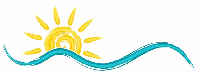 Symbol of bright summer sun with beams and Sea.