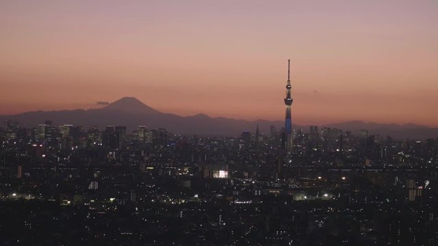 Tokyo City at dusk with Mount Fuji