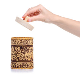 Wooden kitchen food container in hand on white background isolation