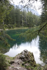 mountains and coniferous trees on the shore of a Green lake, Austria