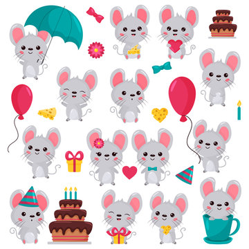 Cartoon Kawaii mouse characters set in different situations. Birthday cake. For nursery. Rat with cheese, gift, umbrella, balloon, in cup. Valentines day theme. Isolated on white background.