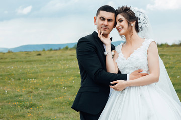 Fototapeta na wymiar Just married loving couple in wedding dress and suit on green field. Happy bride and groom. Elegant hairstyle and makeup. Wedding photography. Green background.