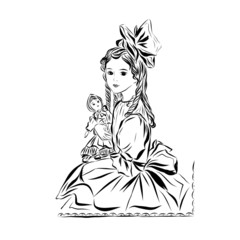 elegant girl with a doll ,nineteenth century style illustration of people