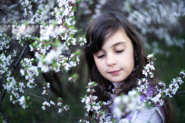 Fototapeta premium Portrait of a beautiful girl on the background of flowering branches of cherry.
