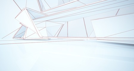 Abstract architectural white interior of a minimalist house with large windows. Drawing. 3D illustration and rendering.