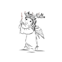 angel girl with wings carries a willow ,nineteenth century style illustration of people