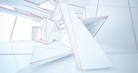 Abstract architectural white interior of a minimalist house with large windows. Drawing. 3D illustration and rendering.