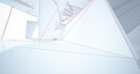 Abstract architectural white interior of a minimalist house with large windows. Drawing. 3D illustration and rendering.