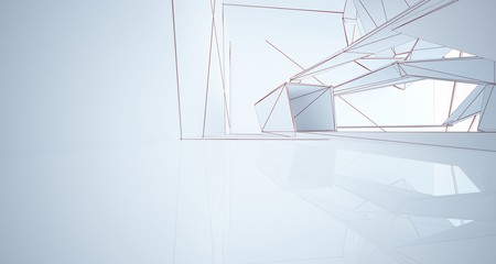 Abstract architectural white interior of a minimalist house with large windows. Drawing. 3D illustration and rendering.