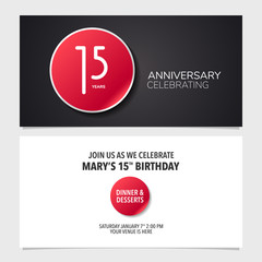 15 years anniversary invitation card vector illustration. Double sided graphic design template