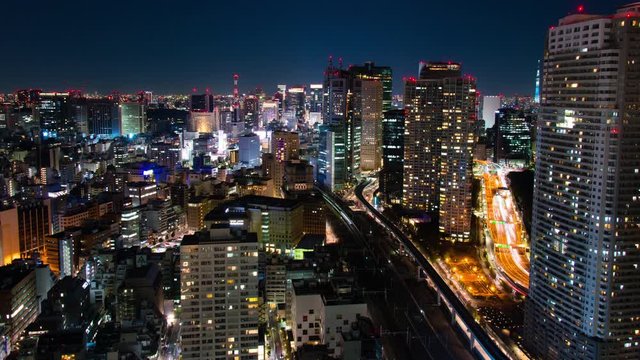 Minato ward cityscape with skyscrapers at night, Tokyo, Japan