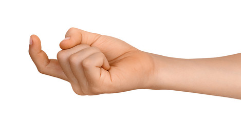 Child's hand shows crooked finger and beckon someone to come nearer or follow. Isolated on white...