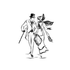 man and woman walk and talk ,nineteenth century style illustration of people