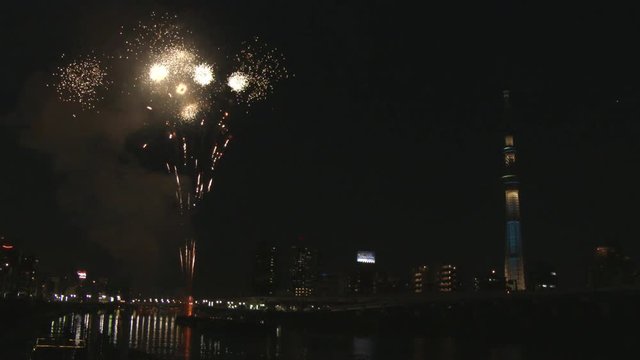 View of fireworks above city,  Sumida, Tokyo, Japan