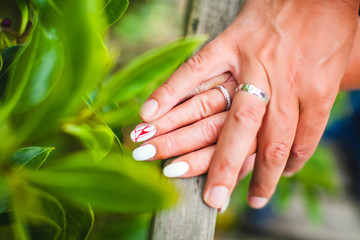 Fototapeta premium Hands of newlyweds with rings