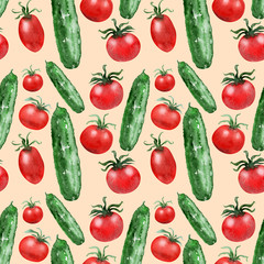 Watercolor background picture Tomatoes and cucumbers