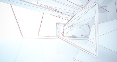 Abstract architectural white interior of a minimalist house with large windows. Drawing. 3D illustration and rendering.