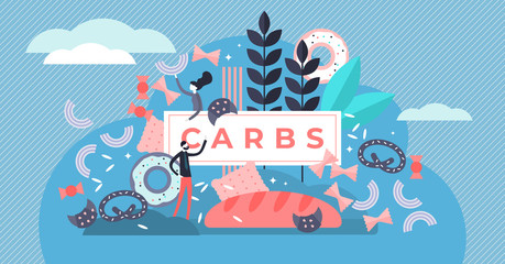 Carbs vector illustration. Flat tiny sugar and wheat food persons concept. - obrazy, fototapety, plakaty