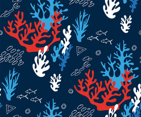 Hand drawn underwater natural ocean elements. Seamless pattern with reef corals. Vector sketch