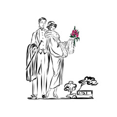 girl admires a flower presented to her by a man, nineteenth century style illustration of people